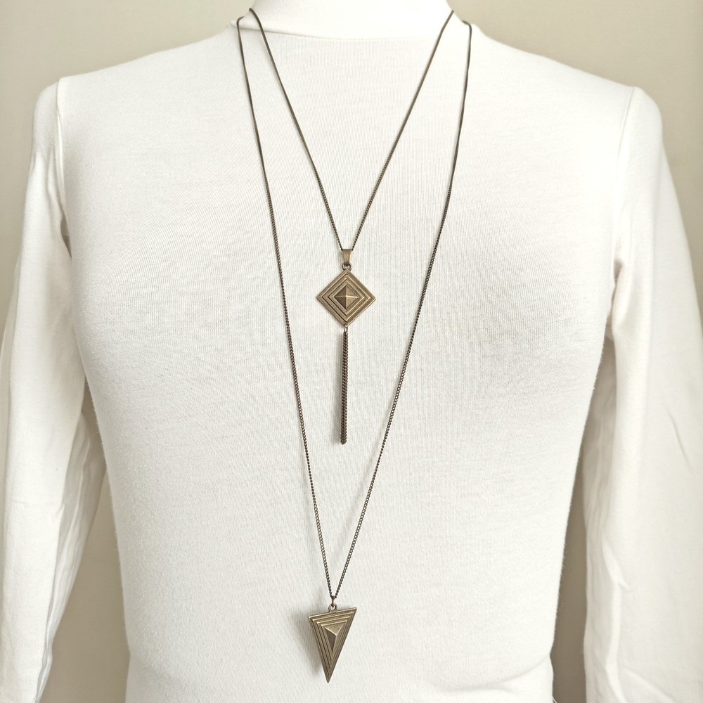 Paparazzi Brass Tone Layered Geometric Triangle Diamond Tassel Necklace Earrings